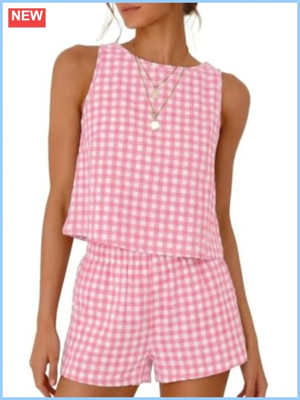 Women's 2 Piece Gingham Crop Tank & Shorts Set, Cotton Lounge Summer Outfit